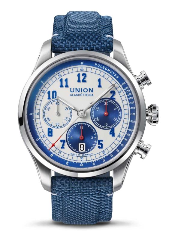 Union Glashütte Herrenuhr mit weiß blauem Zifferblatt