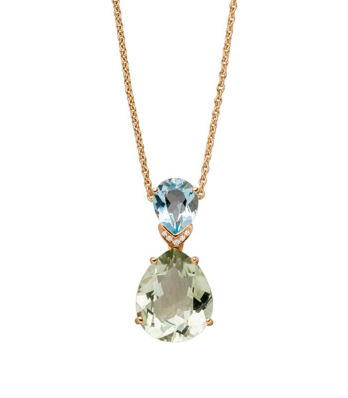Collier 750 Gold mit grüne Amethyste u. Blautopas
